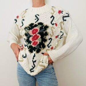 Vintage Emerald Isle Chunky Hand Knit Sweater Floral Boho Pom Poms Crew Neck